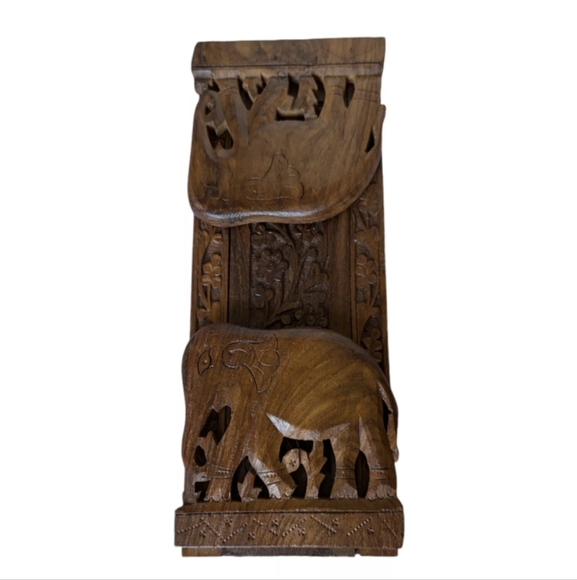 Vtg Ornate Handcarved Elephant Wood Slide Expandable Bookrack Ends Shelf India - Picture 10 of 16